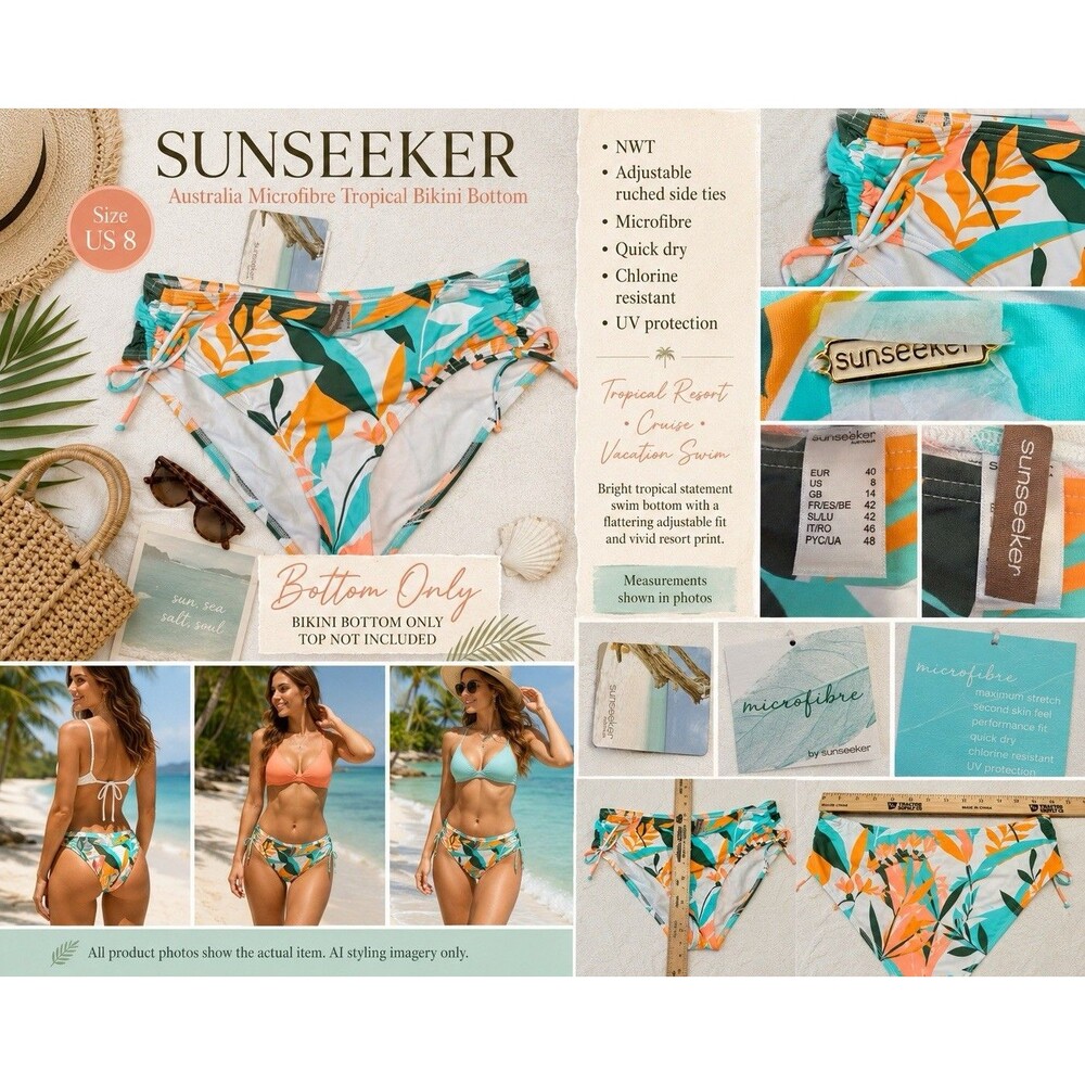 NWT Sunseeker Australia US 8 Microfibre Tropical Bikini Bottom Ruched Side Beach